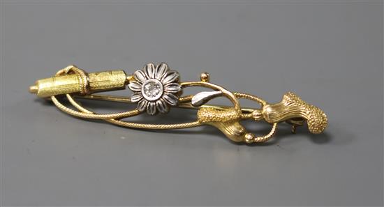 An early 20th century yellow metal and diamond set foliate bar brooch, 51mm.